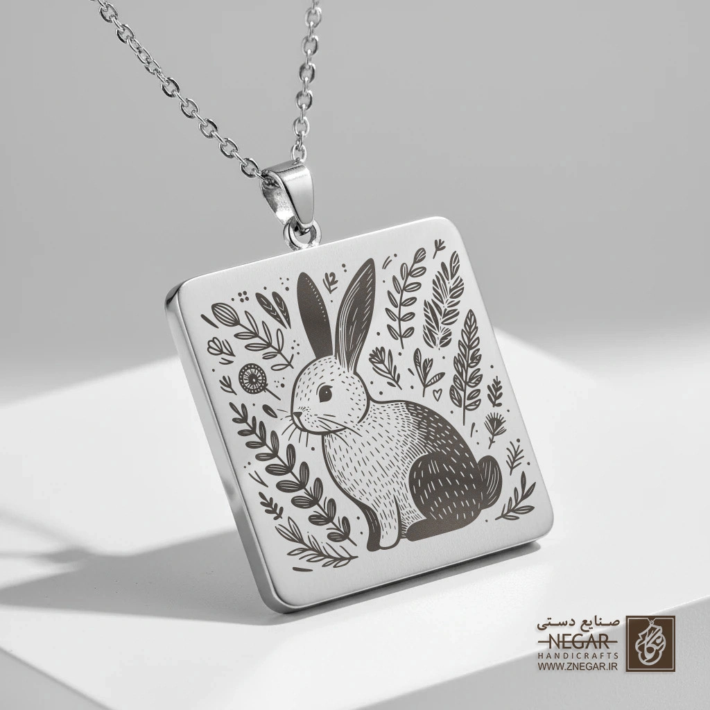 گردنبند طرح خرگوش و گیاهان (حکاکی لیزری فایبر، مدل قاب مربع) کد 502745