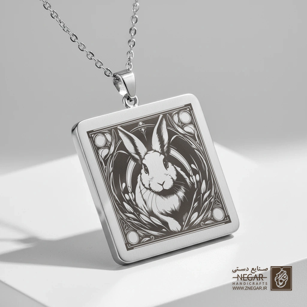 گردنبند طرح خرگوش - قاب اسلیمی (حکاکی لیزری فایبر، مدل قاب مربع) کد 502746