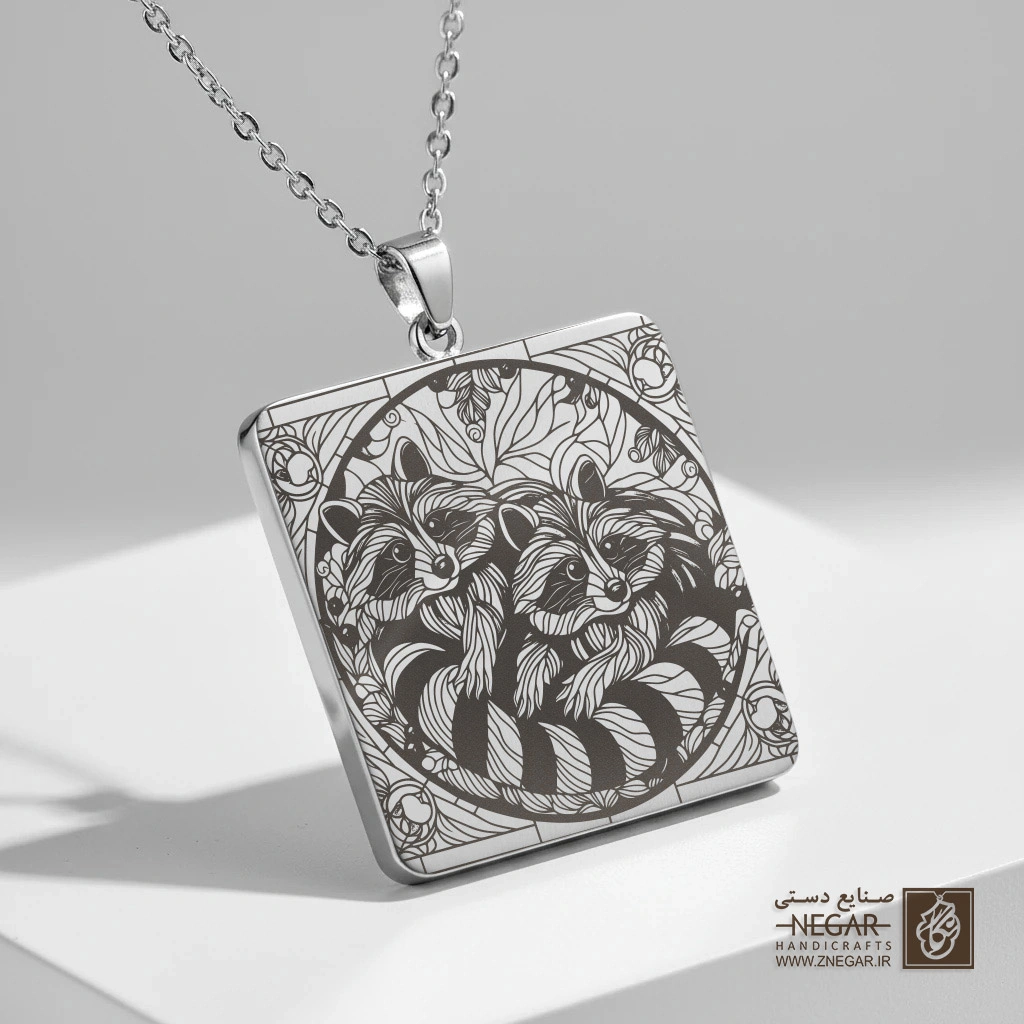 گردنبند طرح راکون - دو قلو (حکاکی لیزری فایبر، مدل قاب مربع) کد 502755