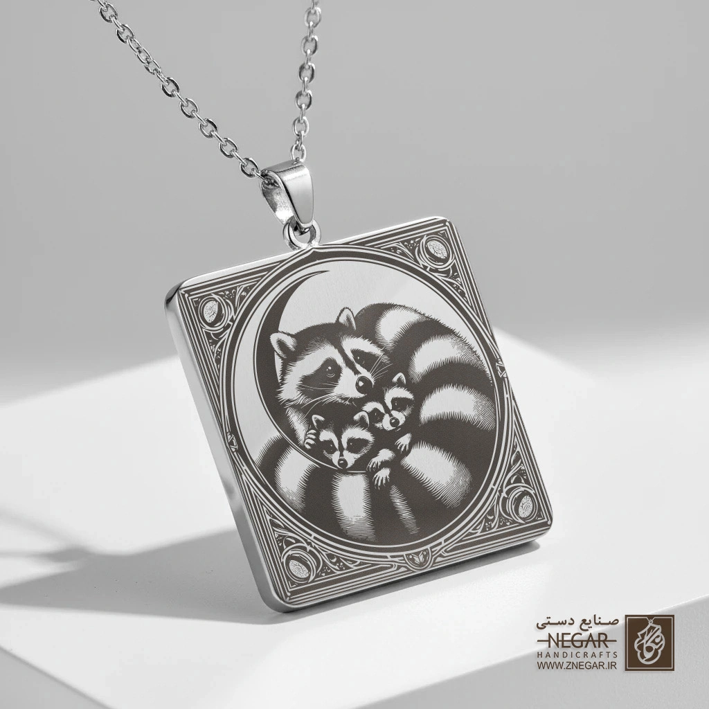 گردنبند طرح راکون - دایره‌ای مدرن (حکاکی لیزری فایبر، مدل قاب مربع) کد 502763