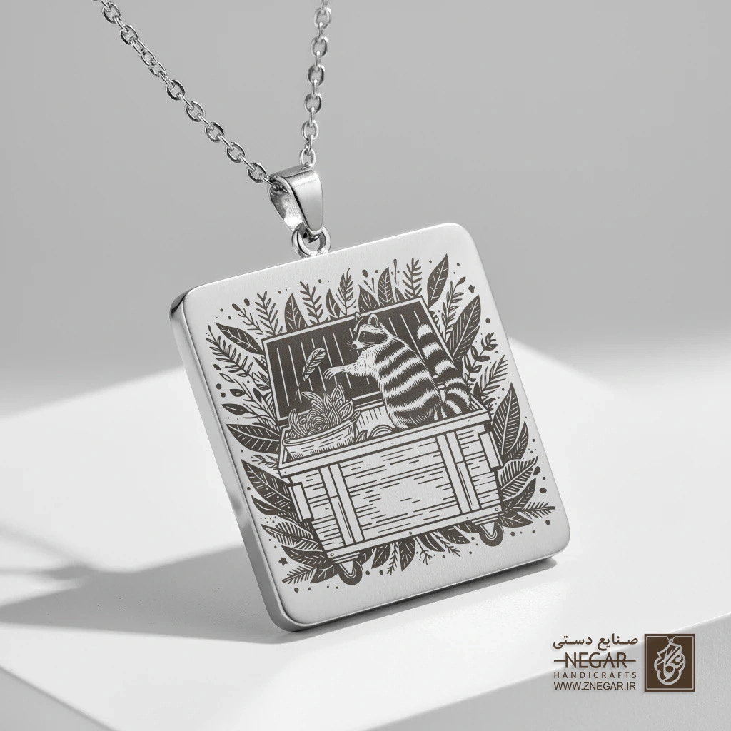 گردنبند طرح راکون و سطل زباله (حکاکی لیزری فایبر، مدل قاب مربع) کد 502764