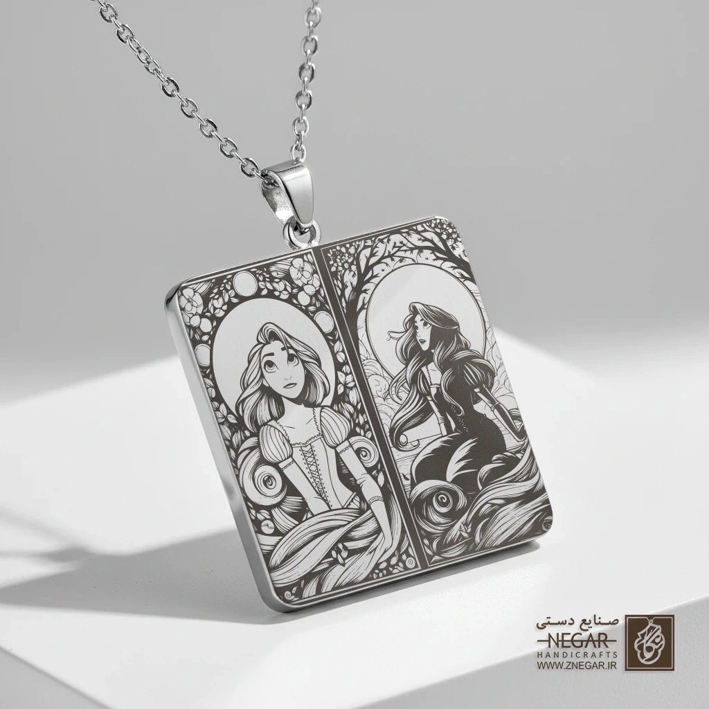 گردنبند طرح راپونزل - دوگانه (حکاکی لیزری فایبر، مدل قاب مربع) کد 502788