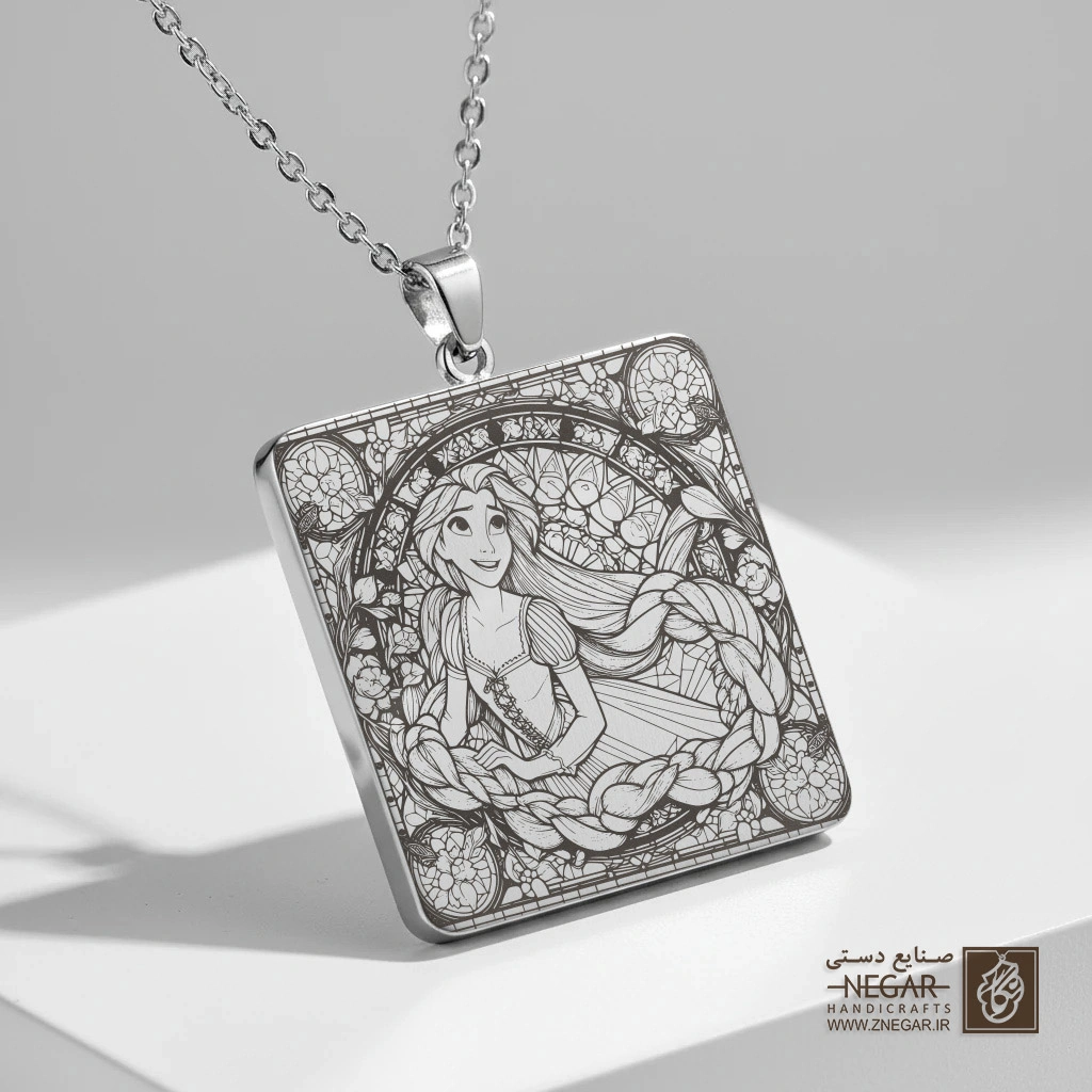 گردنبند طرح راپونزل - قاب دایره‌ای (حکاکی لیزری فایبر، مدل قاب مربع) کد 502791
