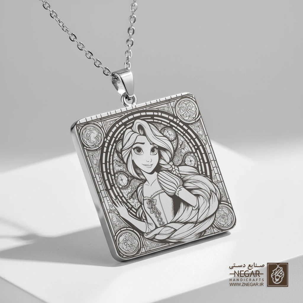 گردنبند طرح راپونزل - نشسته (حکاکی لیزری فایبر، مدل قاب مربع) کد 502794