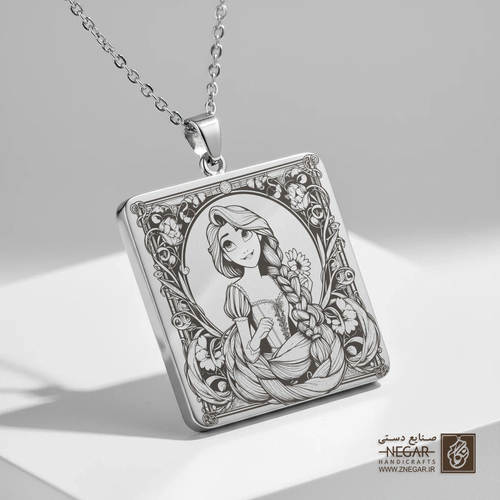 گردنبند طرح راپونزل - فانتزی (حکاکی لیزری فایبر، مدل قاب مربع) کد 502796