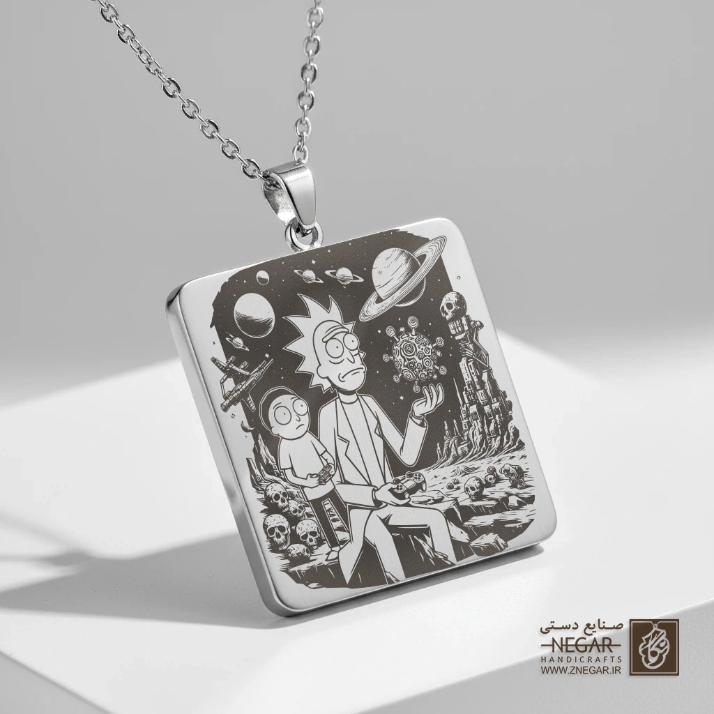 گردنبند طرح ریک و مورتی - سفر فضایی (حکاکی لیزری فایبر، مدل قاب مربع) کد 502829