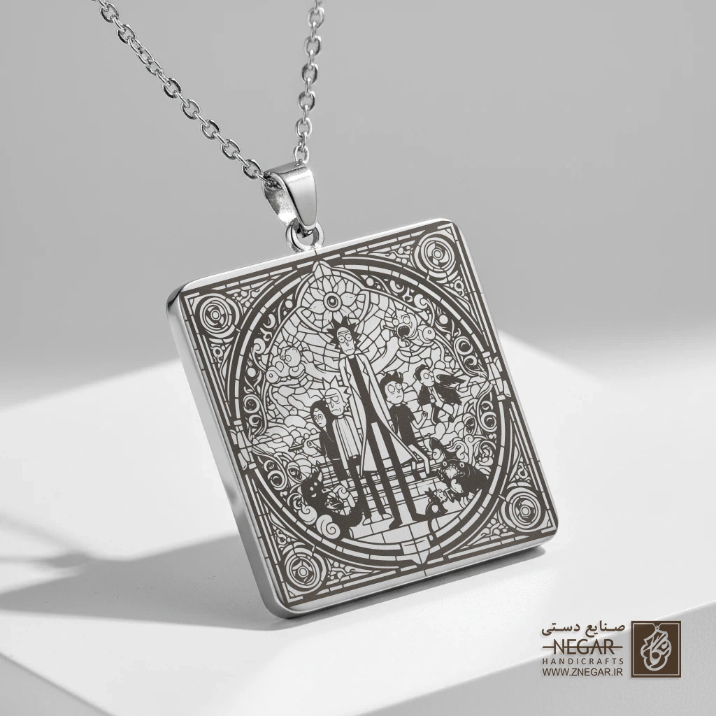 گردنبند طرح ریک و مورتی - کادر مربعی (حکاکی لیزری فایبر، مدل قاب مربع) کد 502831