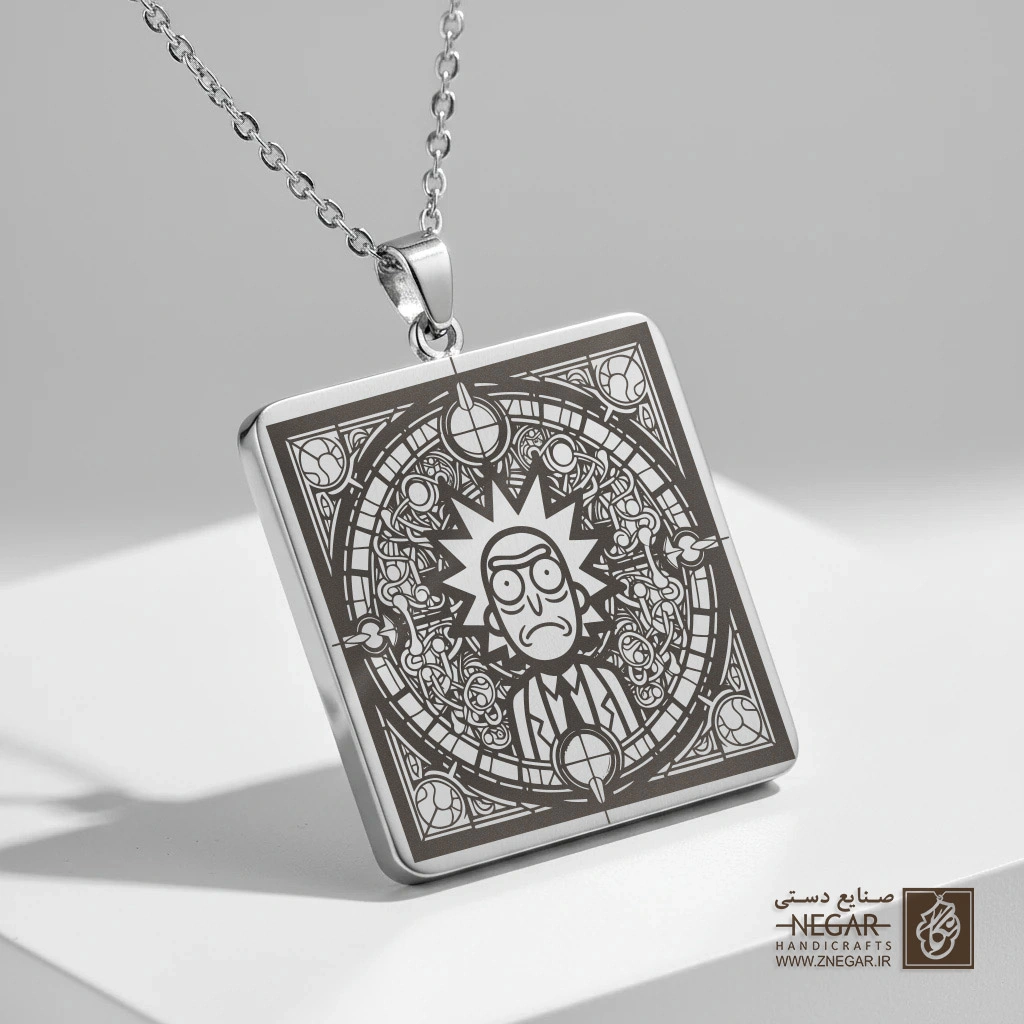 گردنبند طرح ریک - قاب هندسی دایره (حکاکی لیزری فایبر، مدل قاب مربع) کد 502838