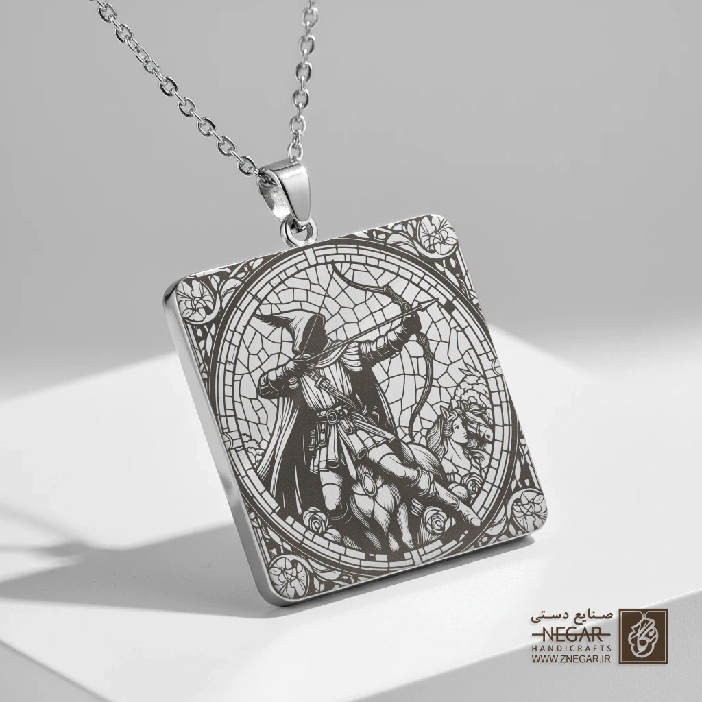گردنبند طرح رابین هود - قاب دایره‌ای حماسی (حکاکی لیزری فایبر، مدل قاب مربع) کد 502841