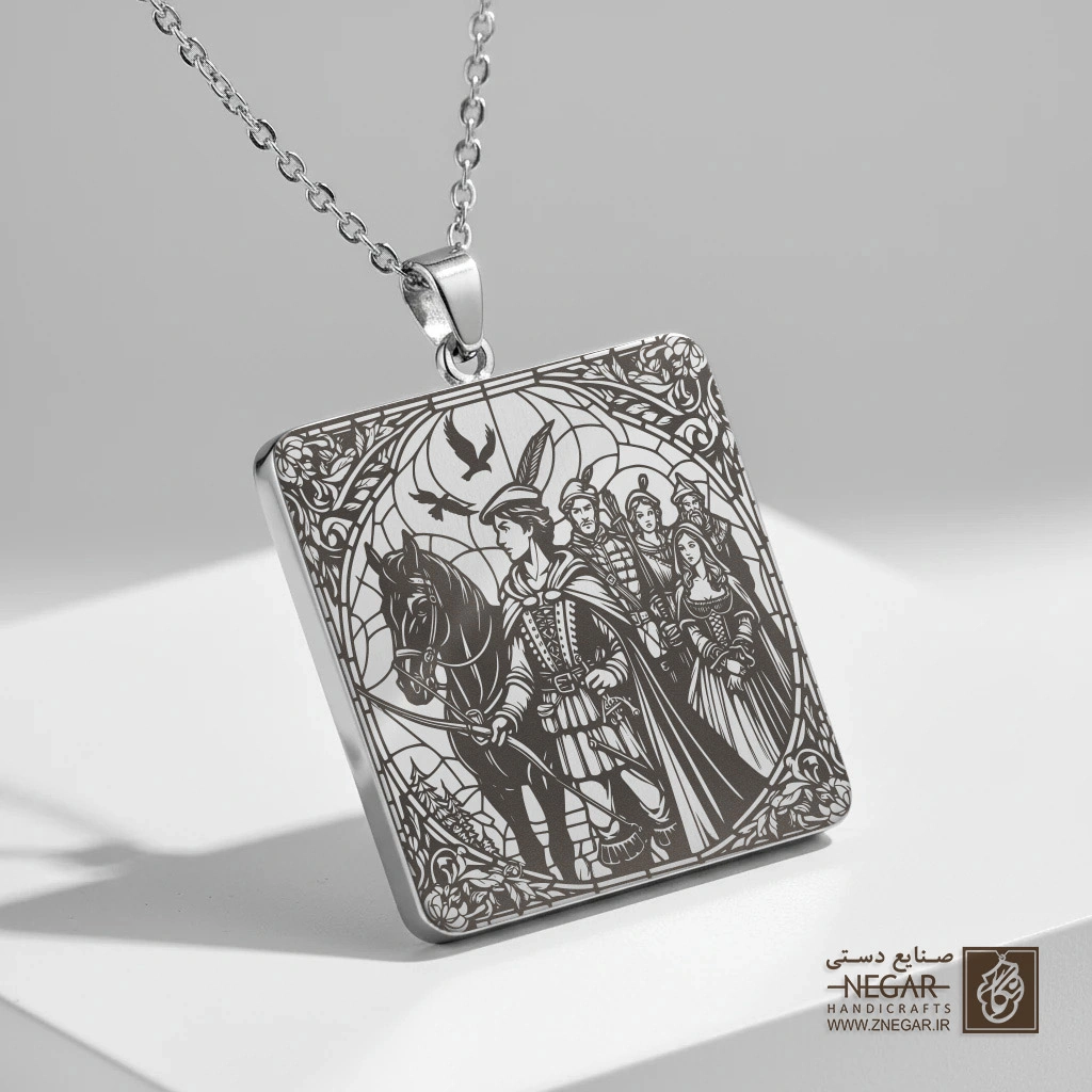 گردنبند طرح رابین هود - اسب‌سوار (حکاکی لیزری فایبر، مدل قاب مربع) کد 502845