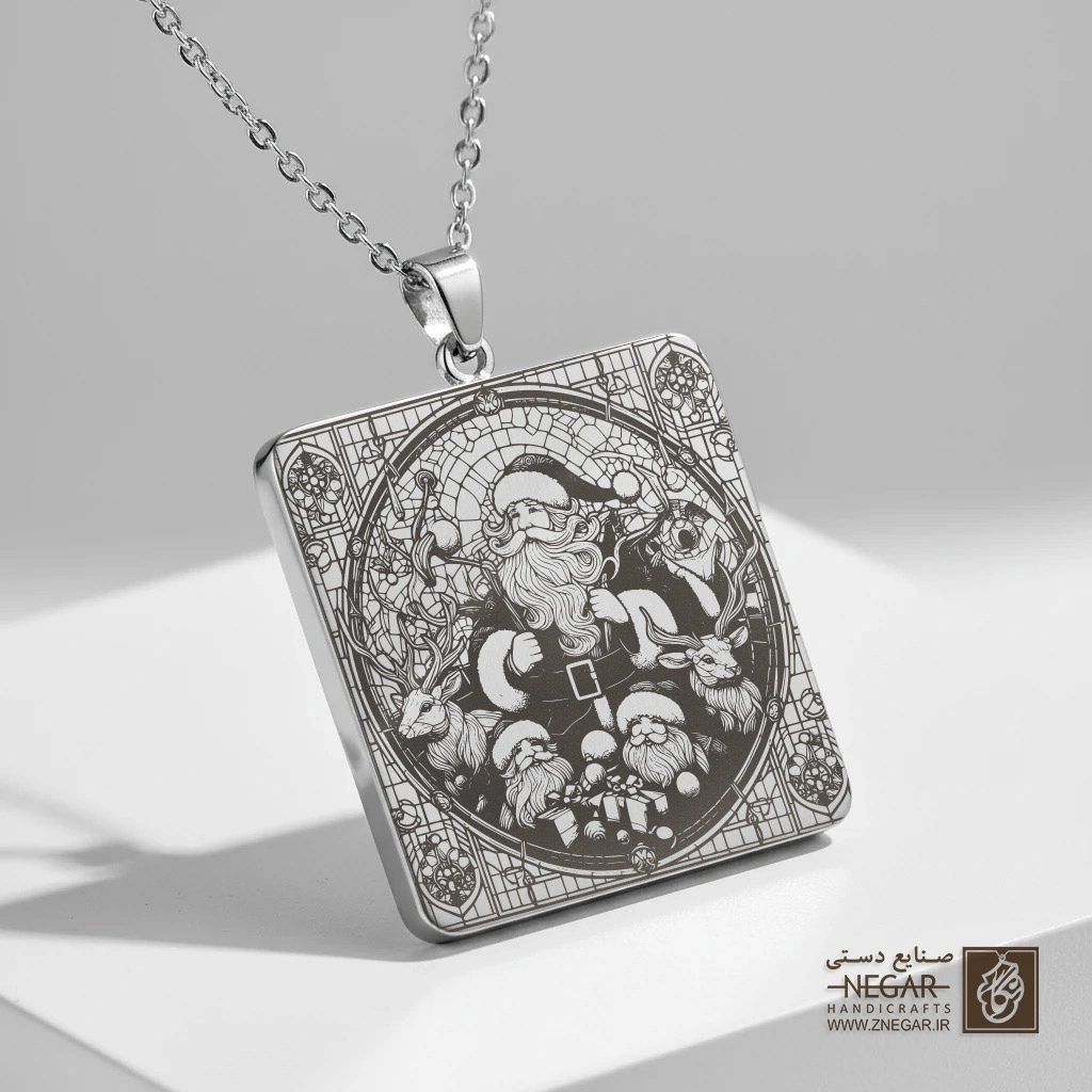 گردنبند طرح تابلو بابانوئل و کریسمس (Santa Claus) (حکاکی لیزری فایبر، مدل قاب مربع) کد 502935