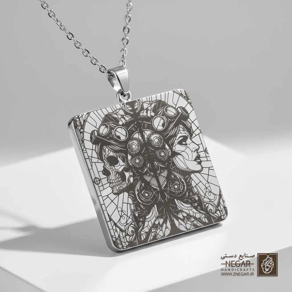 گردنبند طرح دو رخ زن اسکلتی متقارن (حکاکی لیزری فایبر، مدل قاب مربع) کد 503040