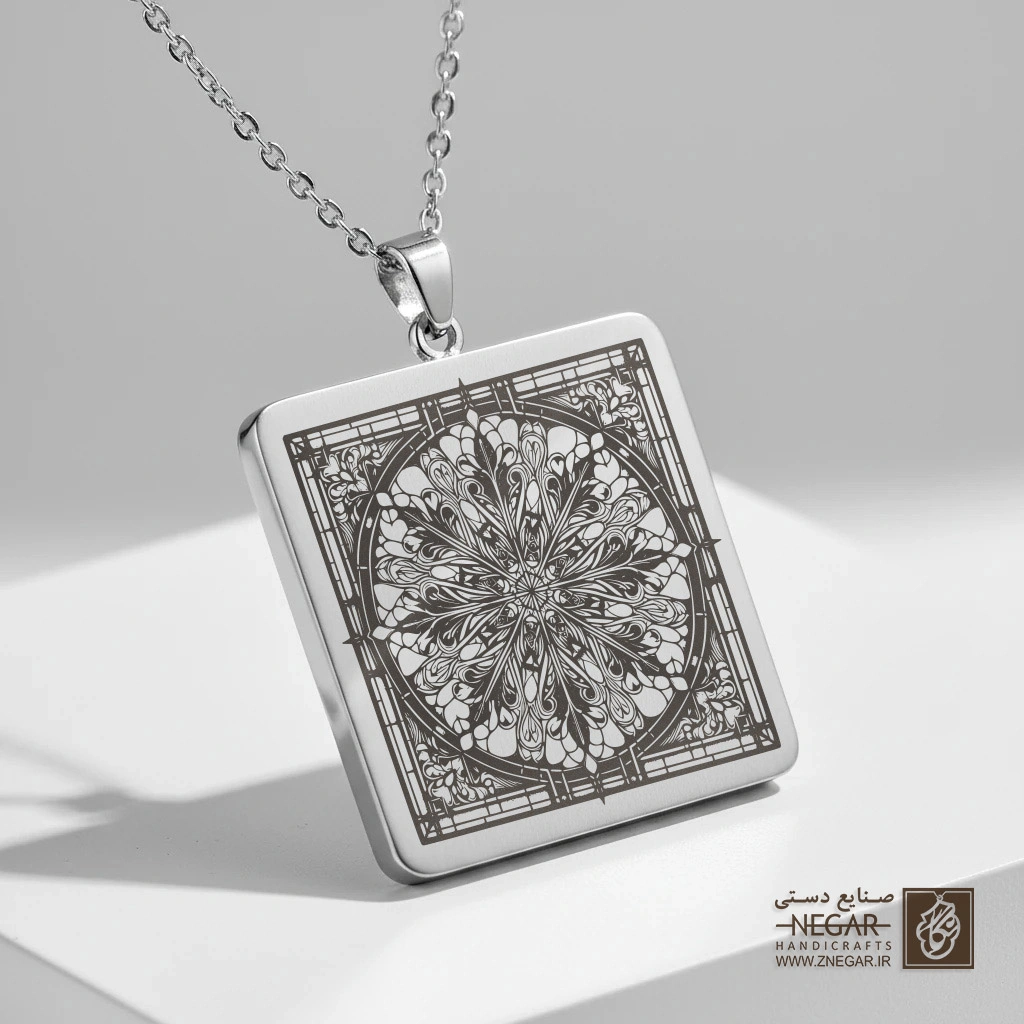 گردنبند طرح دانه برف (Snowflake) هندسی (حکاکی لیزری فایبر، مدل قاب مربع) کد 503128