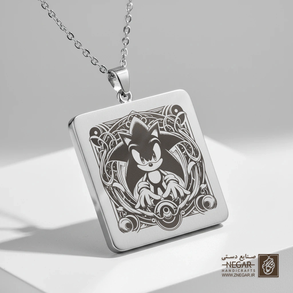 گردنبند طرح لوگوی سونیک استایل گوتیک (حکاکی لیزری فایبر، مدل قاب مربع) کد 503190