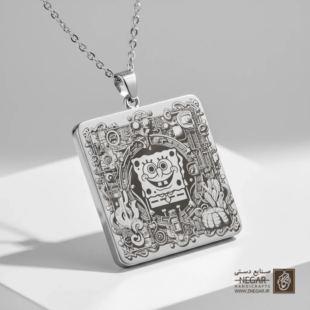 گردنبند طرح باب اسفنجی و ماشین همبرگری (حکاکی لیزری فایبر، مدل قاب مربع) کد 503245
