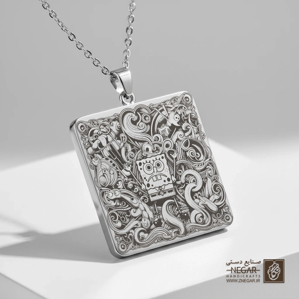 گردنبند طرح انفجار شادی باب اسفنجی (حکاکی لیزری فایبر، مدل قاب مربع) کد 503246