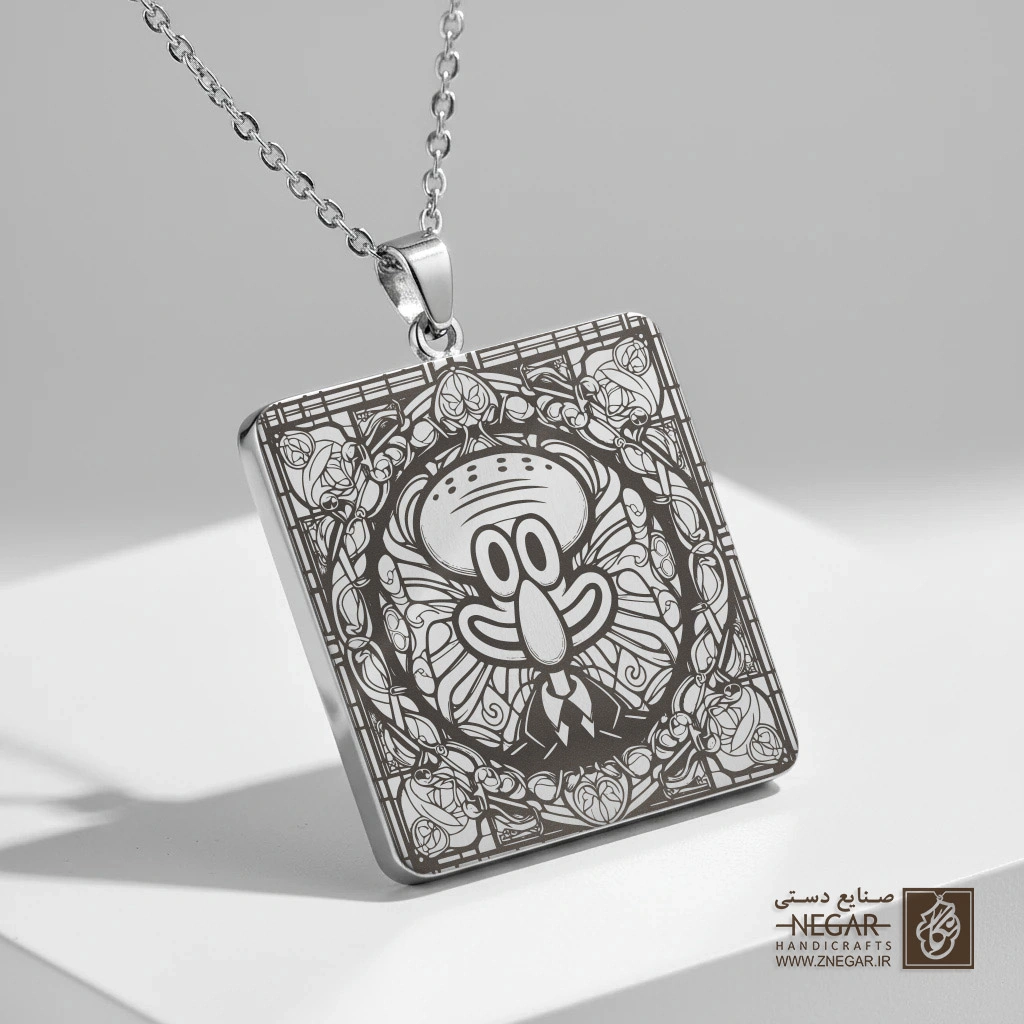 گردنبند طرح بختاپوس در قاب هندسی (حکاکی لیزری فایبر، مدل قاب مربع) کد 503258