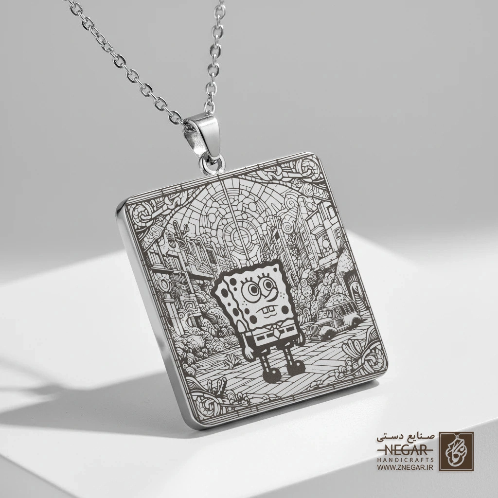 گردنبند طرح باب اسفنجی در دنیای فانتزی (حکاکی لیزری فایبر، مدل قاب مربع) کد 503266