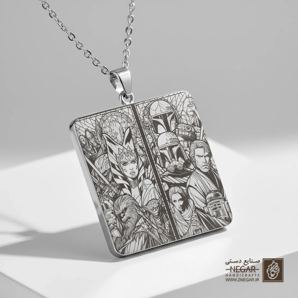 گردنبند طرح قهرمانان جنگ ستارگان (کلاژ) (حکاکی لیزری فایبر، مدل قاب مربع) کد 503314