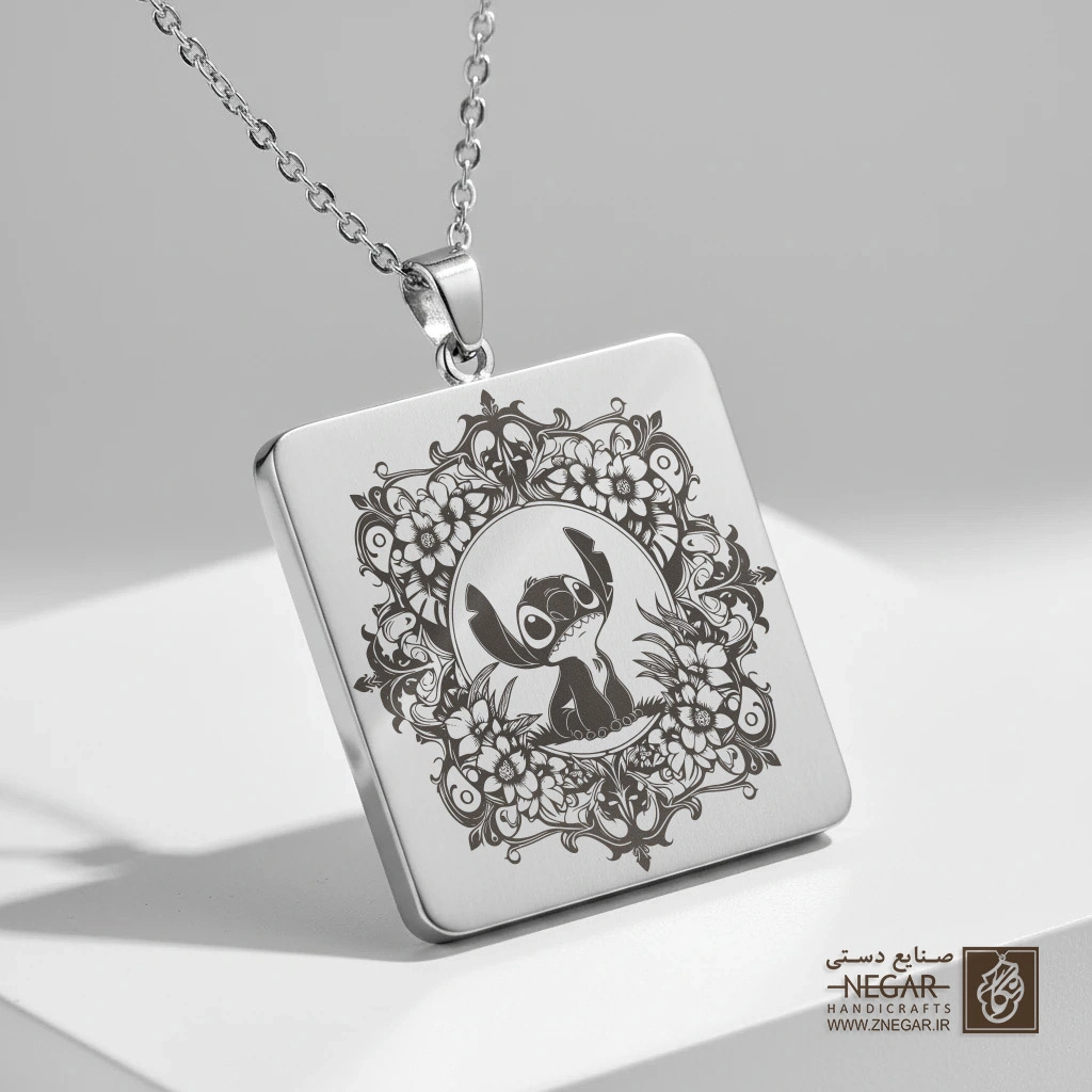 گردنبند طرح استیچ (Stitch) در قاب گل (حکاکی لیزری فایبر، مدل قاب مربع) کد 503424