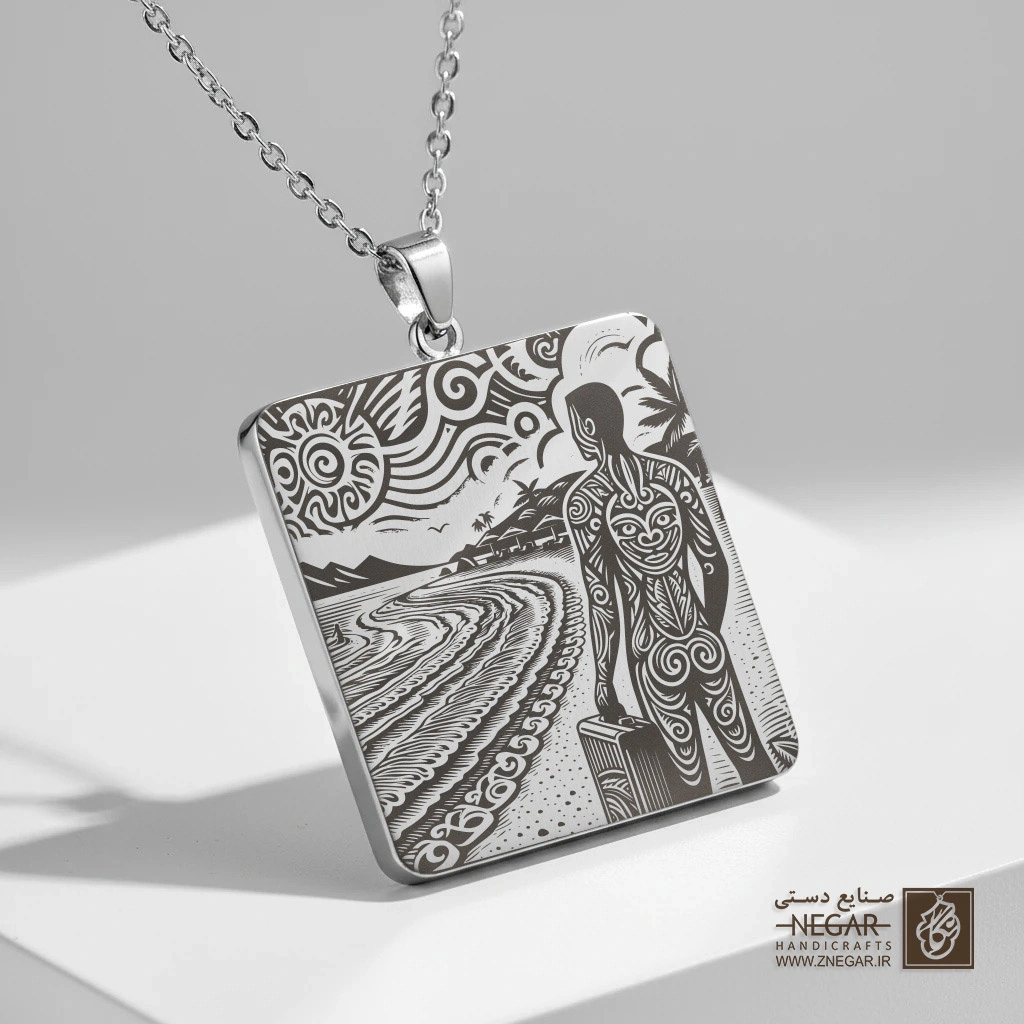 گردنبند طرح ساحل و موج‌سوار عضلانی (حکاکی لیزری فایبر، مدل قاب مربع) کد 503460