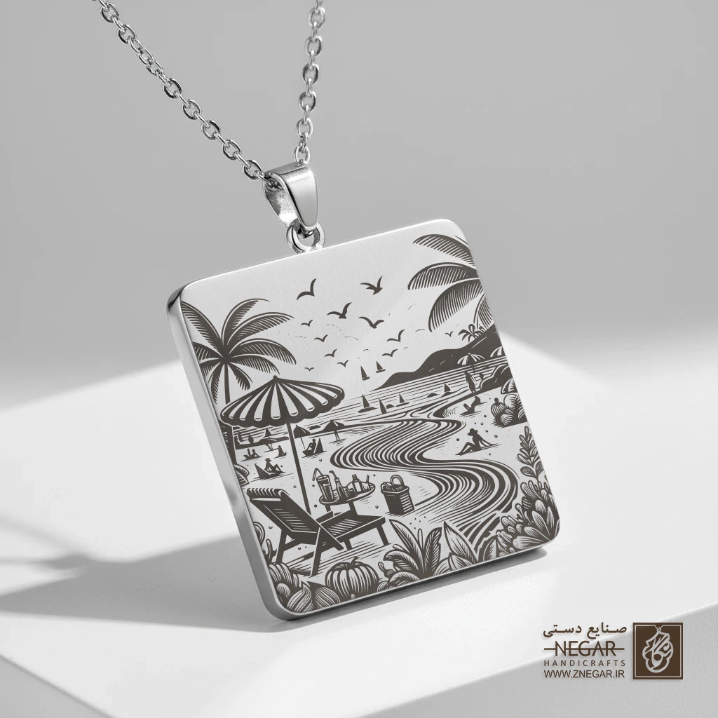 گردنبند طرح منظره تفریحی ساحل و نخل (حکاکی لیزری فایبر، مدل قاب مربع) کد 503462