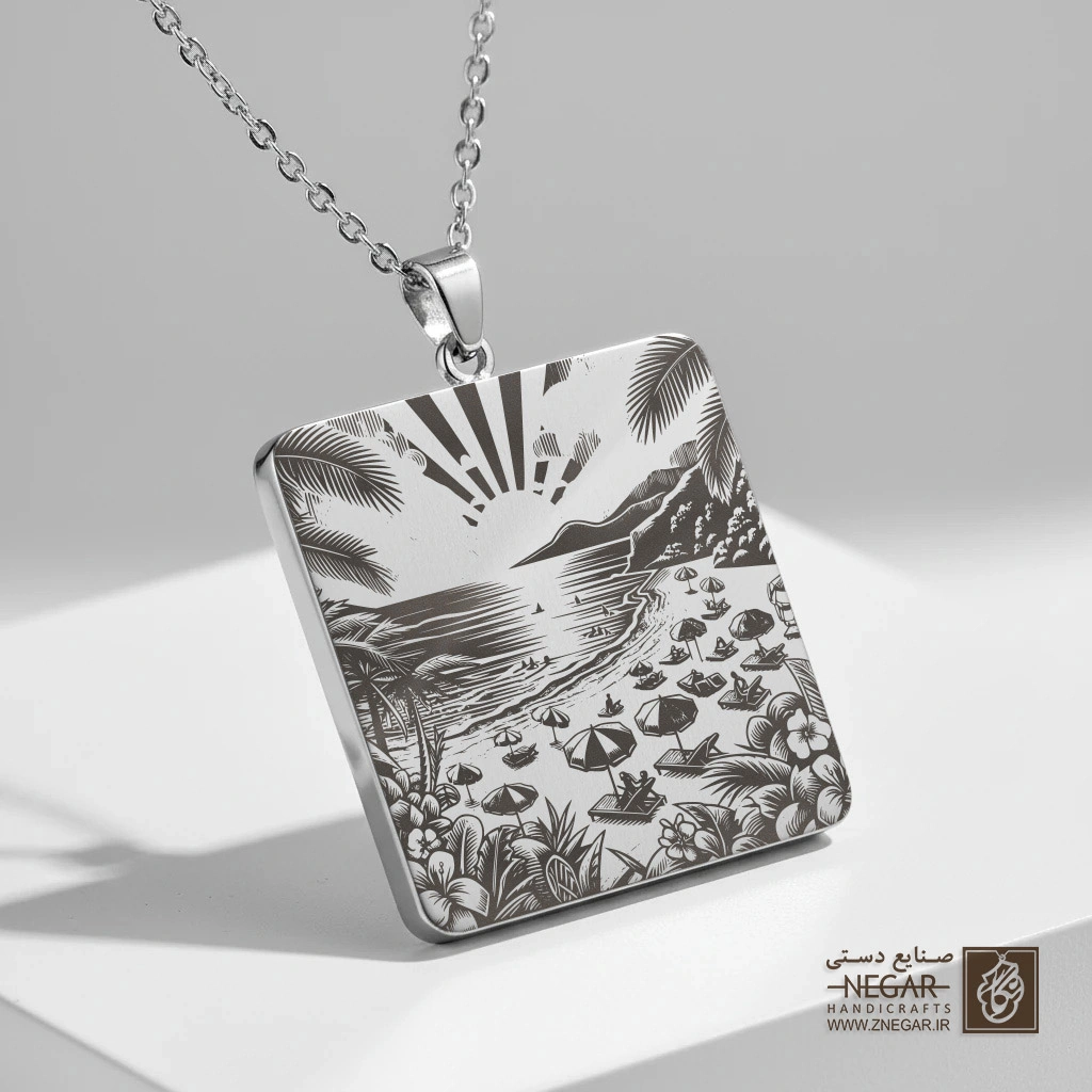 گردنبند طرح ساحل پر از چتر و خورشید (حکاکی لیزری فایبر، مدل قاب مربع) کد 503468