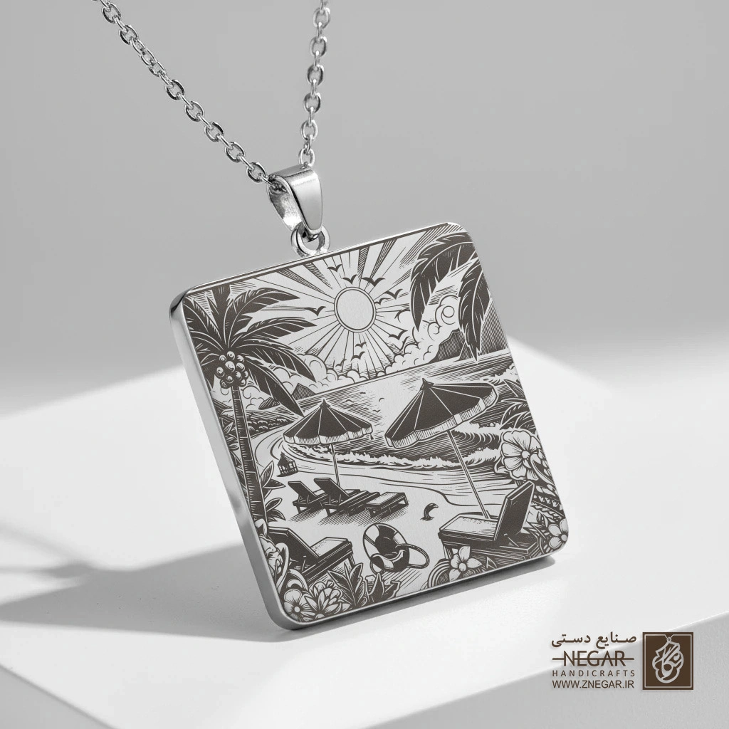 گردنبند طرح دو نخل و غروب تابستانی (حکاکی لیزری فایبر، مدل قاب مربع) کد 503469