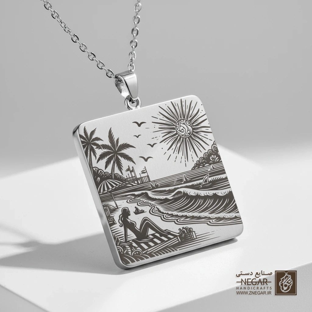 گردنبند طرح دختر ساحل و کشتی در افق (حکاکی لیزری فایبر، مدل قاب مربع) کد 503473