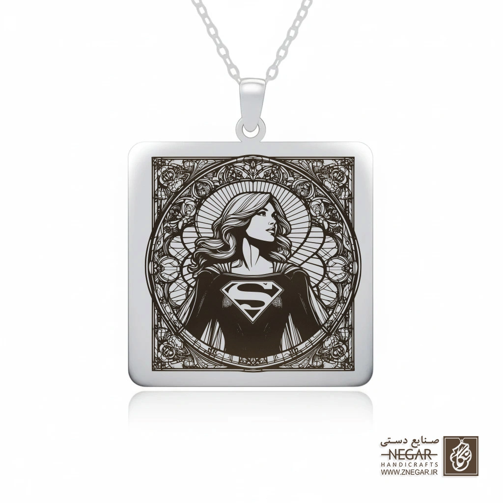 گردنبند طرح پرتره سوپرگرل (Super Girl ) (حکاکی لیزری فایبر، مدل قاب مربع) کد 503483
