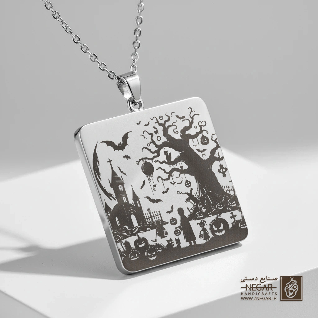 گردنبند طرح سیمپسون‌ها قلعه و درختان خشک (حکاکی لیزری فایبر، مدل قاب مربع) کد 503537