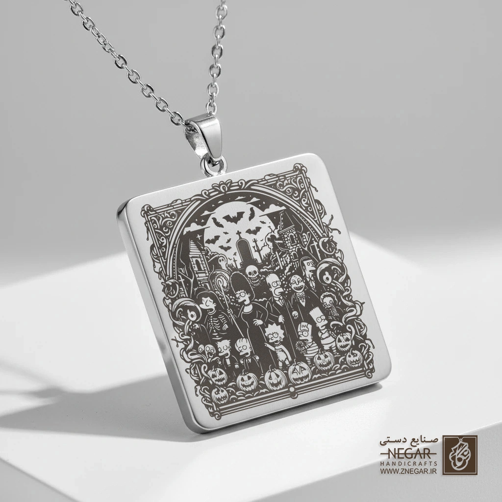 گردنبند طرح گروهی سیمپسون‌ها با ماه کامل (حکاکی لیزری فایبر، مدل قاب مربع) کد 503539