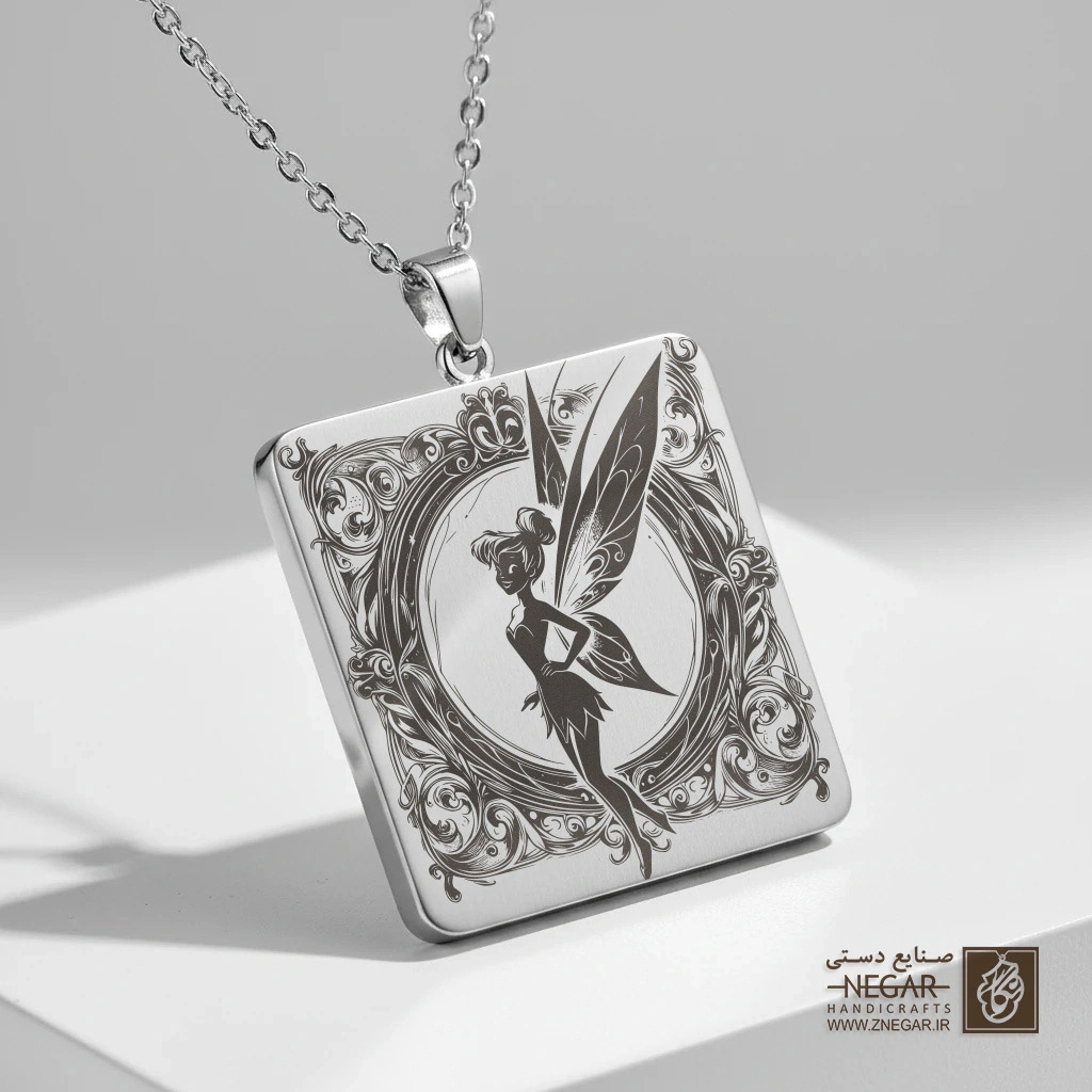 گردنبند طرح سیلوئت تینکربل با قاب کلاسیک (حکاکی لیزری فایبر، مدل قاب مربع) کد 503591
