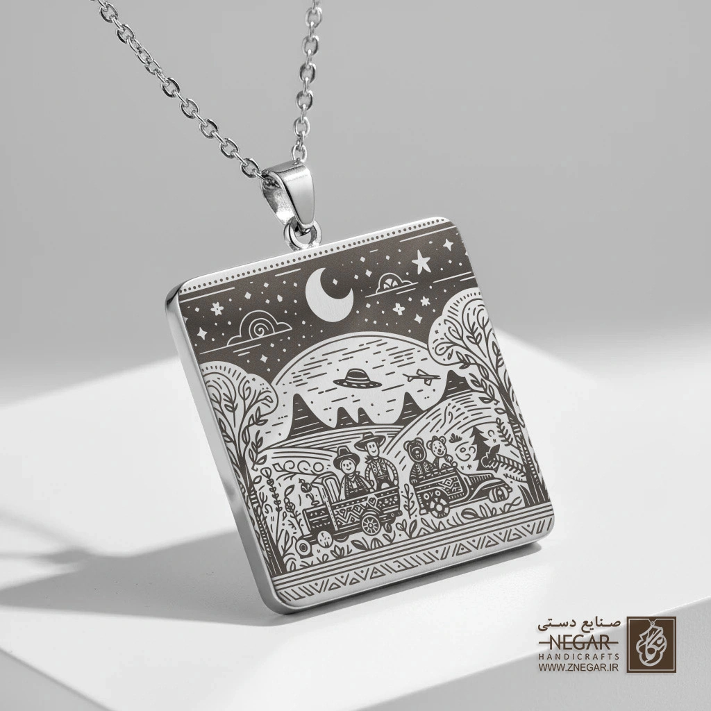 گردنبند طرح قطار داستان اسباب‌بازی در شب (حکاکی لیزری فایبر، مدل قاب مربع) کد 503627