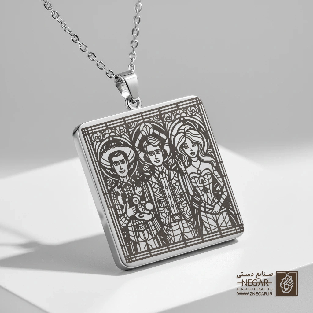گردنبند طرح پنجره ویترای داستان اسباب‌بازی (حکاکی لیزری فایبر، مدل قاب مربع) کد 503628