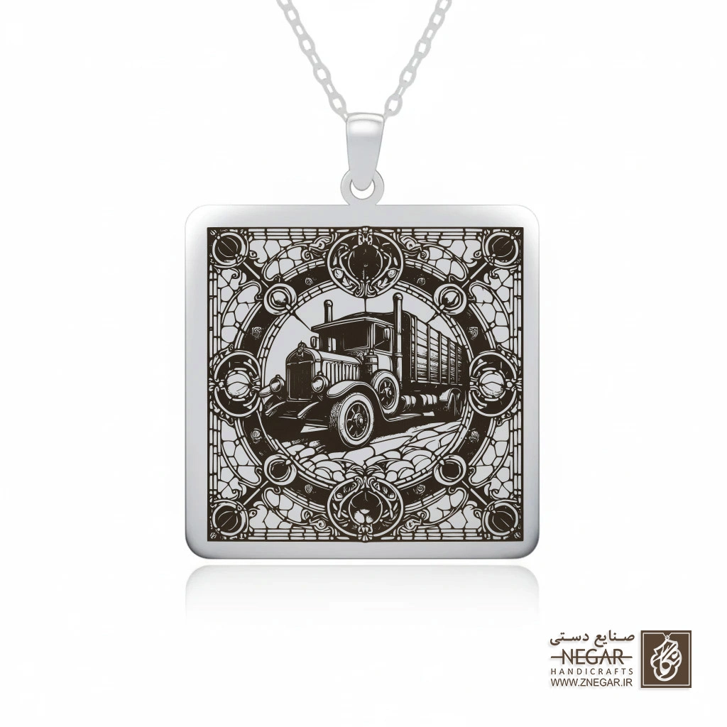 گردنبند طرح تابلو کامیون کلاسیک در قاب (Classic Truck) (حکاکی لیزری فایبر، مدل قاب مربع) کد 503669