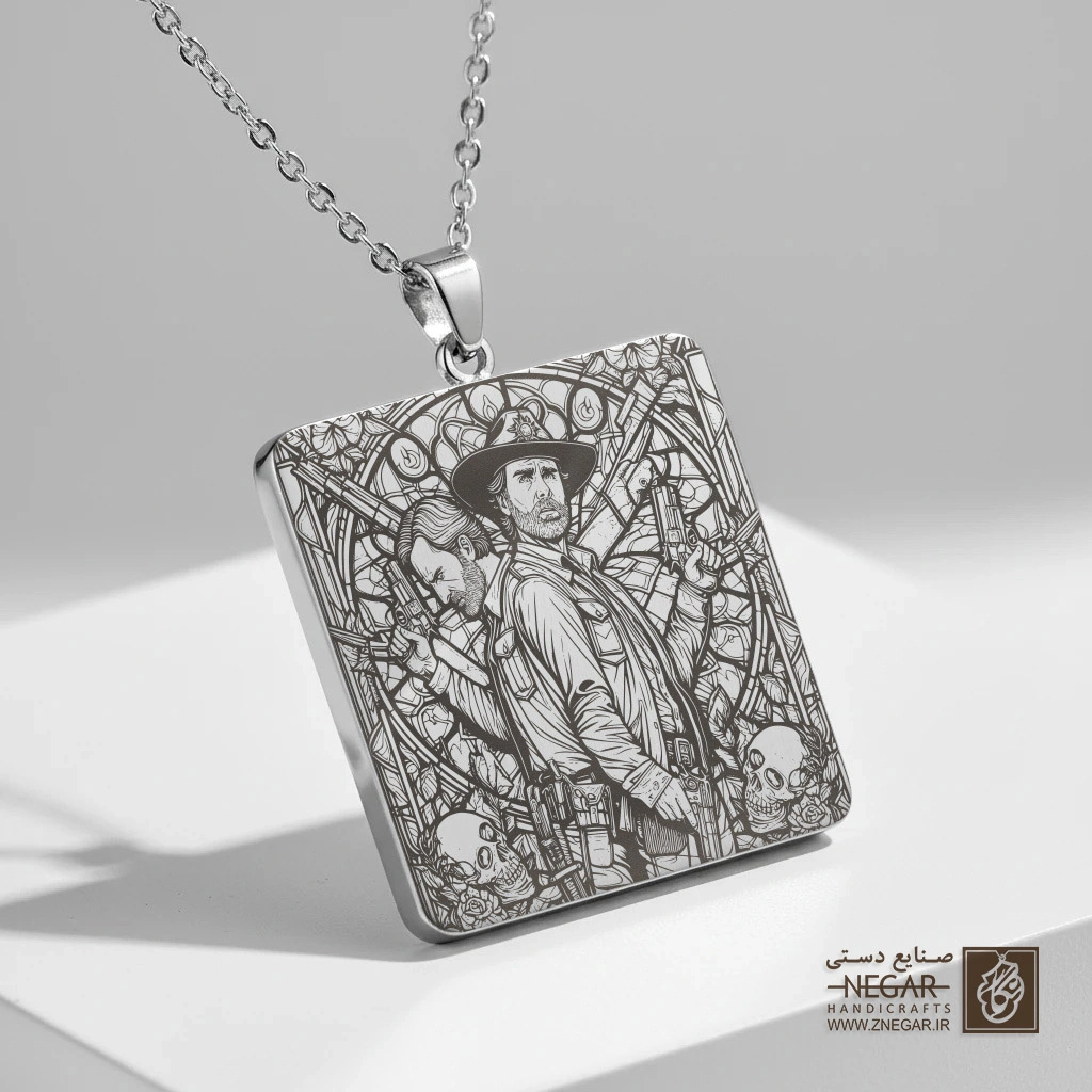 گردنبند طرح ریک و دریل (Walking Dead Heroes) (حکاکی لیزری فایبر، مدل قاب مربع) کد 503694