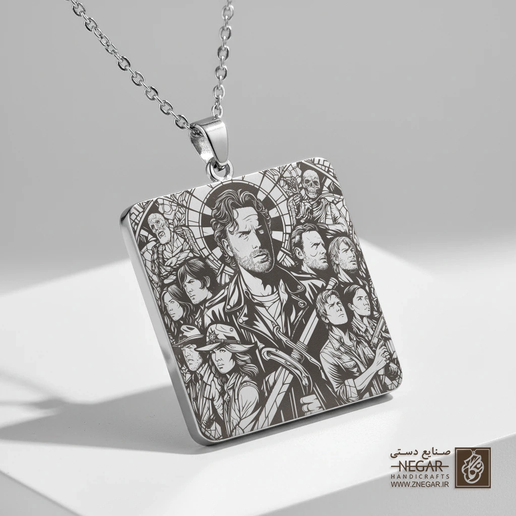 گردنبند طرح گروهی بازماندگان (The Walking Dead) (حکاکی لیزری فایبر، مدل قاب مربع) کد 503697