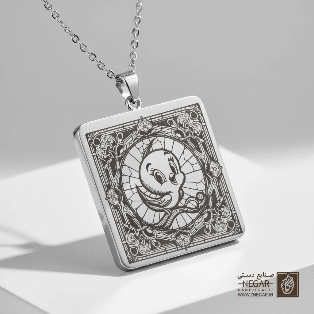 گردنبند طرح توئیتی قاب موزاییکی (حکاکی لیزری فایبر، مدل قاب مربع) کد 503715