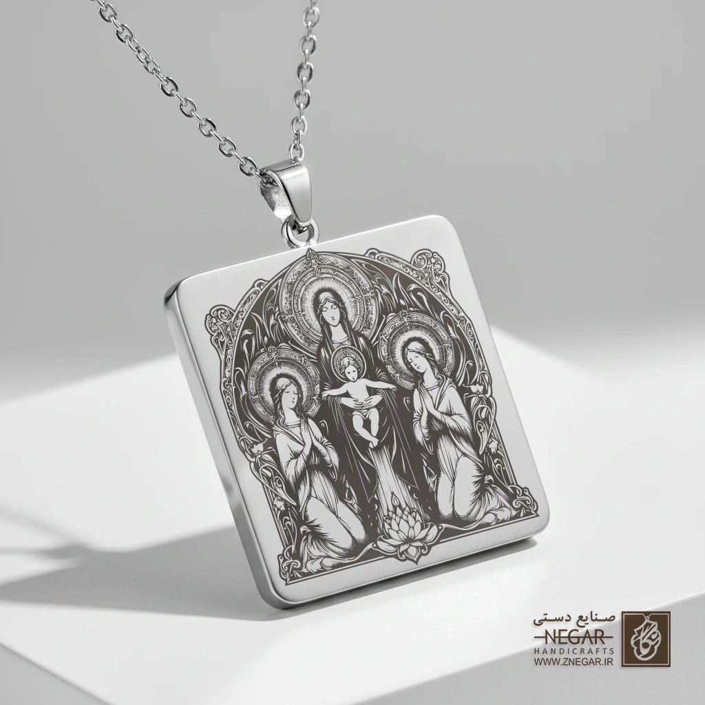 گردنبند طرح مریم مقدس و فرشتگان (حکاکی لیزری فایبر، مدل قاب مربع) کد 503769