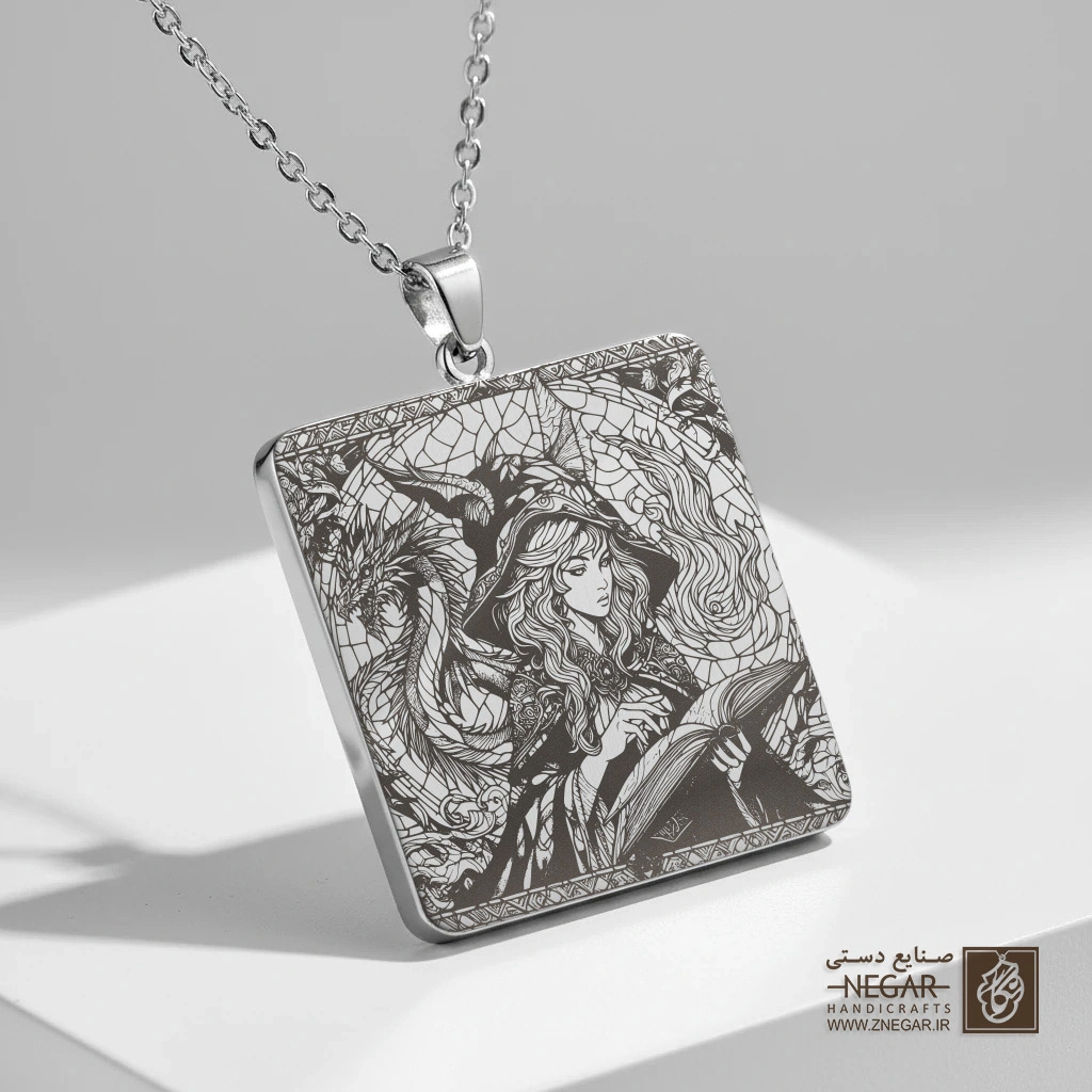 گردنبند طرح ساحره و کتاب جادو (Witch ) (حکاکی لیزری فایبر، مدل قاب مربع) کد 503867