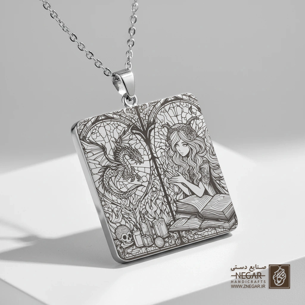 گردنبند طرح ساحره و اژدها در قاب پنجره (حکاکی لیزری فایبر، مدل قاب مربع) کد 503879