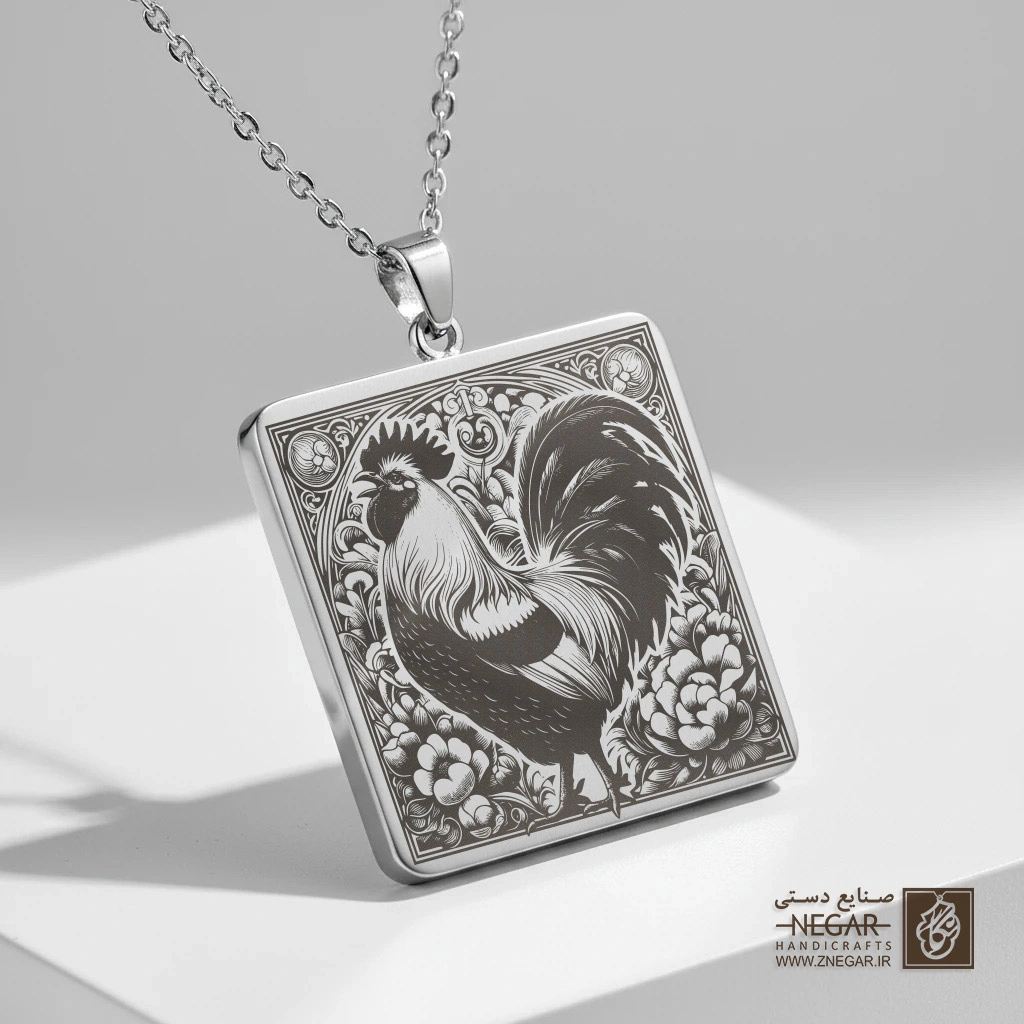 گردنبند طرح خروس ویندوئت (Wyandotte) (حکاکی لیزری فایبر، مدل قاب مربع) کد 503922
