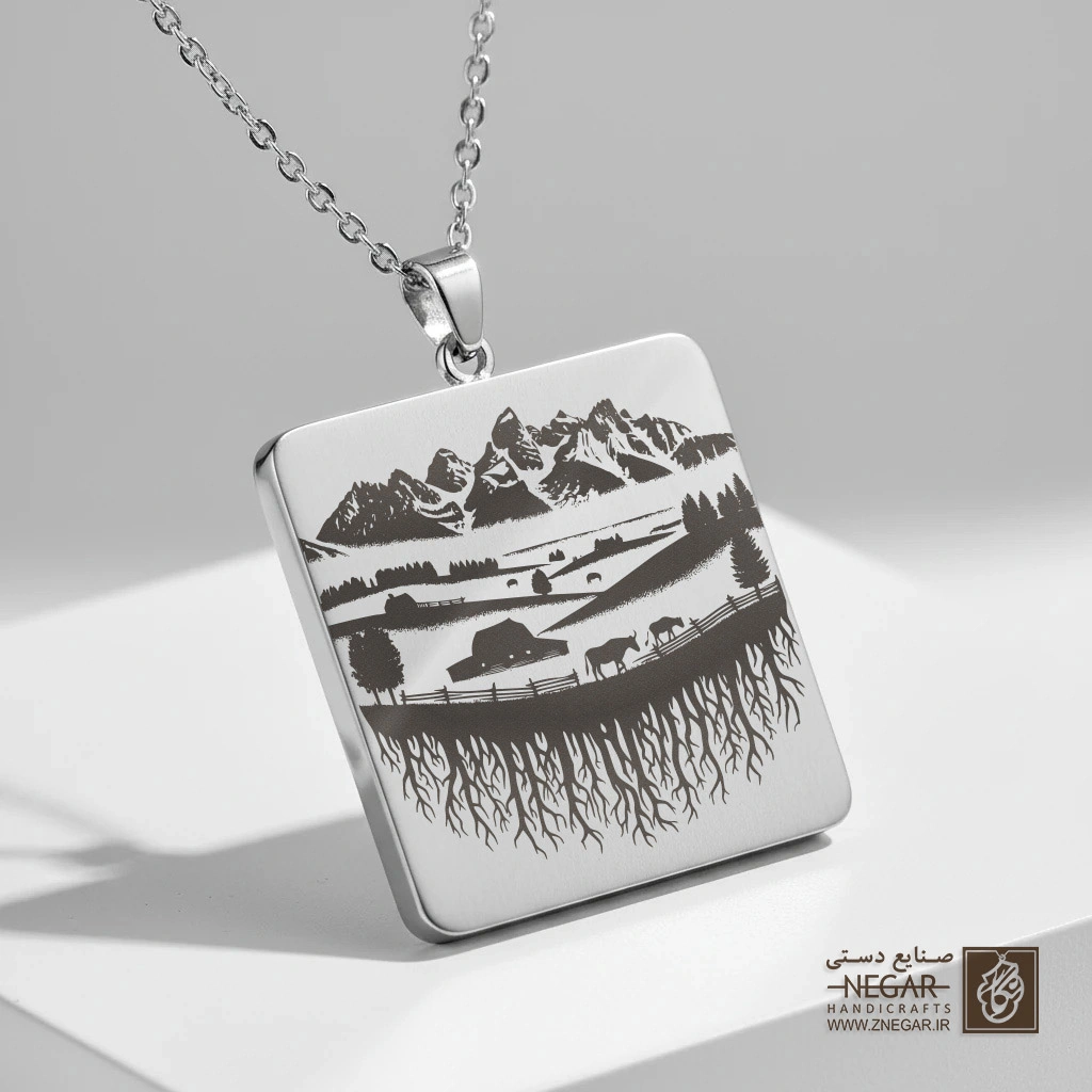گردنبند طرح یلوستون ریشه در زمین (حکاکی لیزری فایبر، مدل قاب مربع) کد 503928
