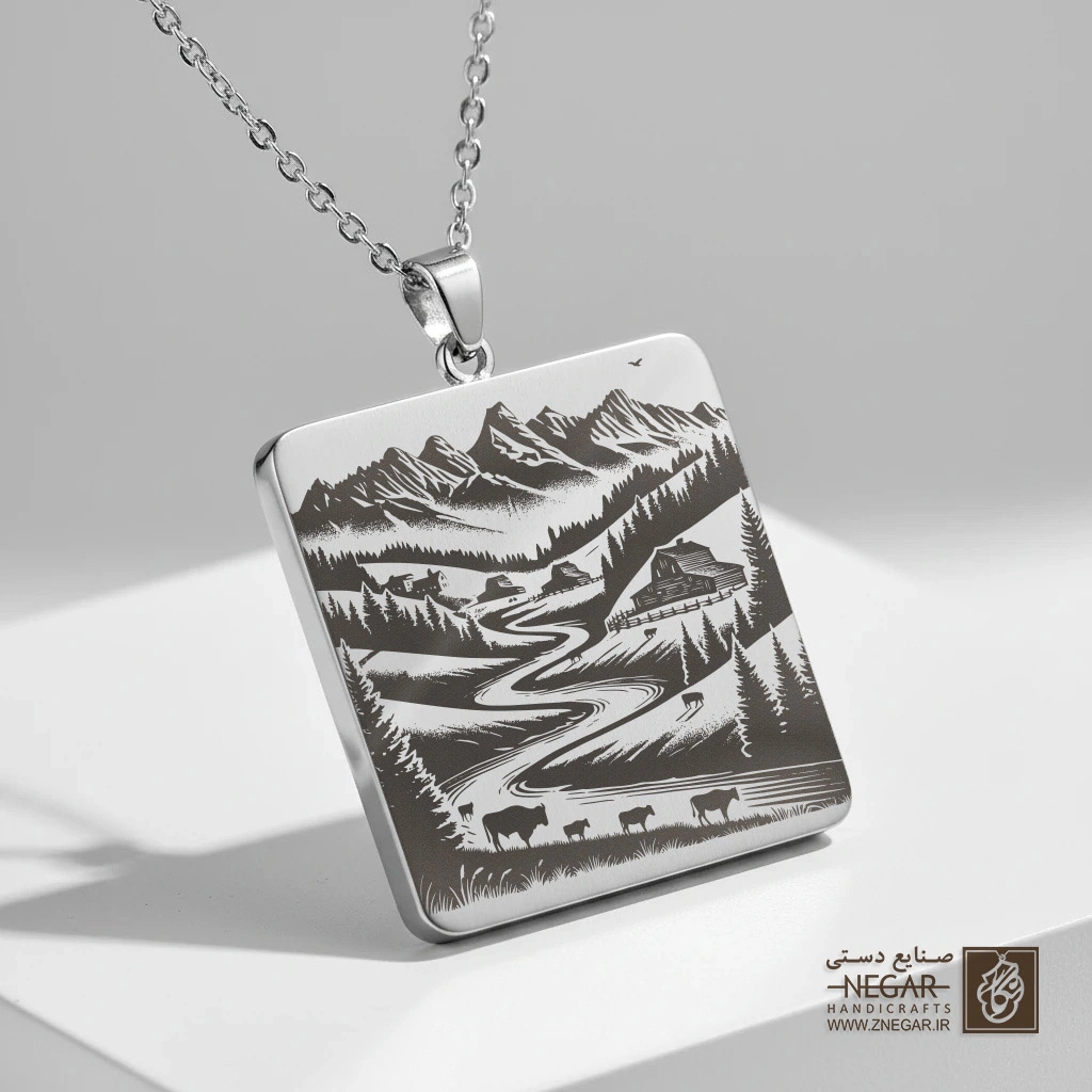 گردنبند طرح رودخانه و گله گاو میش (حکاکی لیزری فایبر، مدل قاب مربع) کد 503946