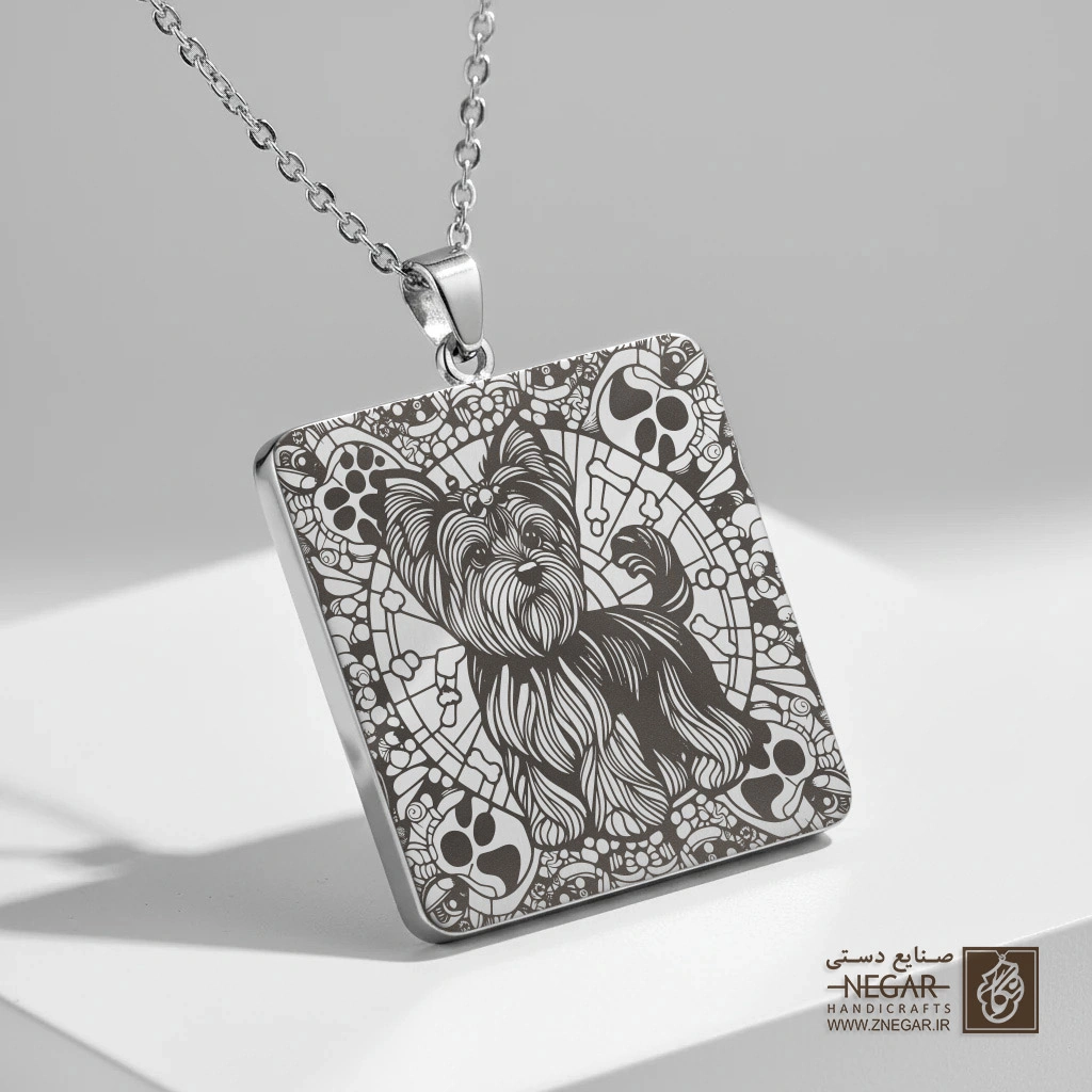 گردنبند طرح سگ یورکشایر قاب هندسی (حکاکی لیزری فایبر، مدل قاب مربع) کد 503974