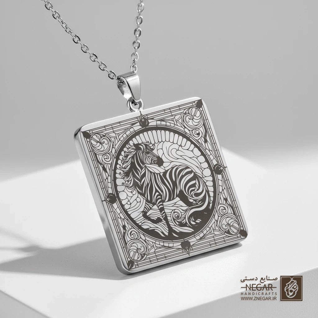 گردنبند طرح گورخر (Zebra ) (حکاکی لیزری فایبر، مدل قاب مربع) کد 503976