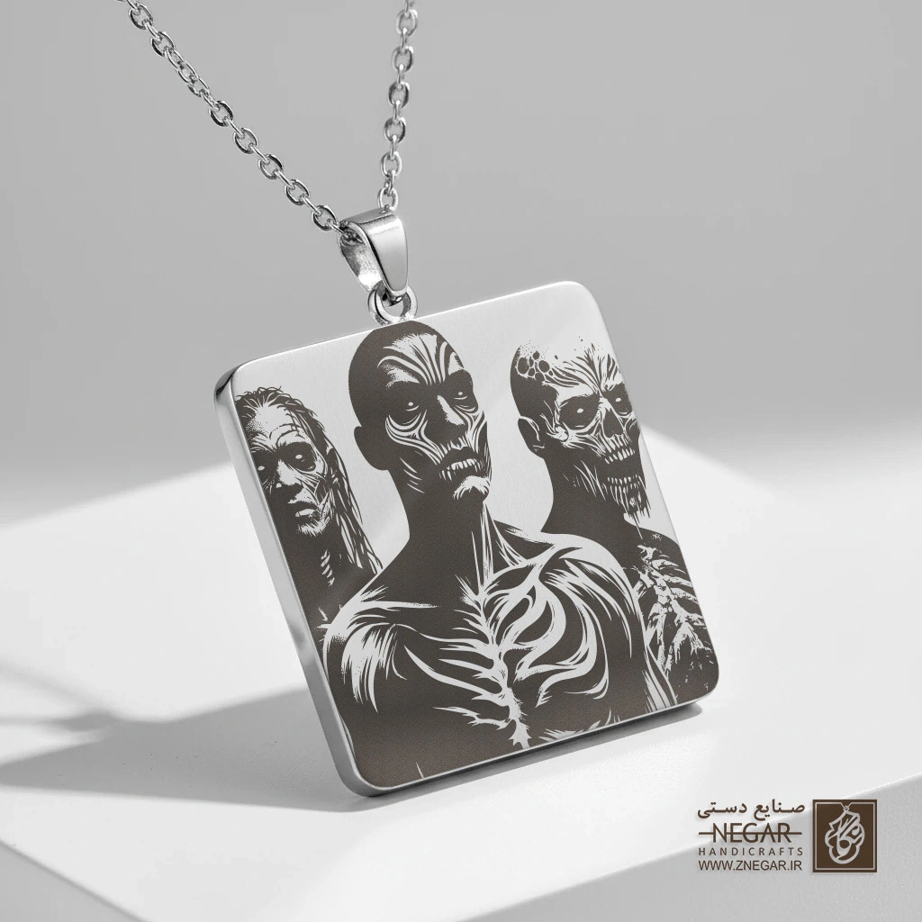 گردنبند طرح سه‌گانه زامبی  (حکاکی لیزری فایبر، مدل قاب مربع) کد 503992