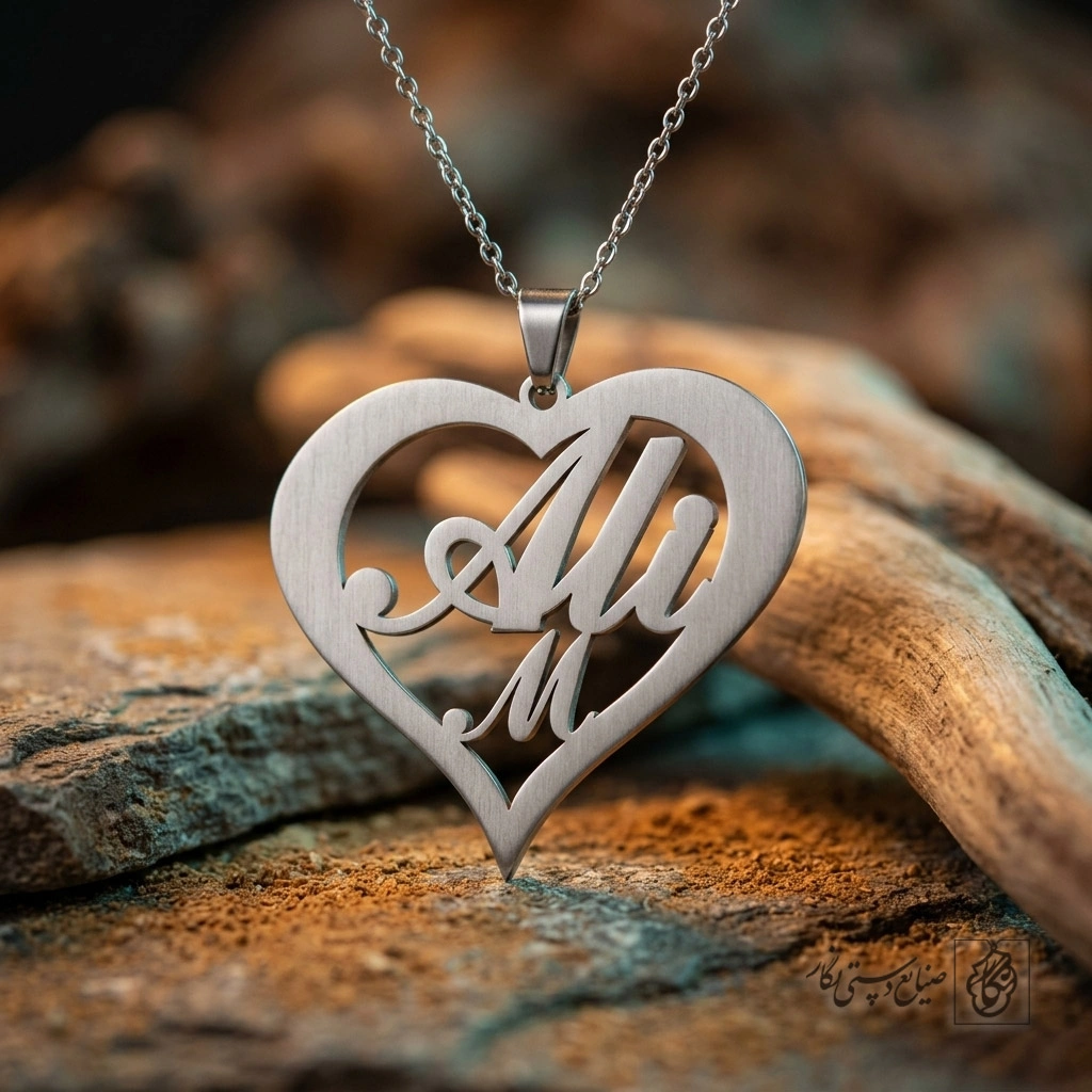 گردنبند اسم Ali لاتین داخل قلب و حرف M کد 7413