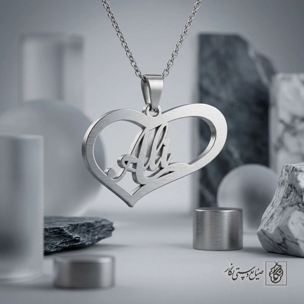 گردنبند اسم Ali لاتین داخل کادر بیضی مدرن کد 7415